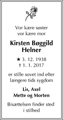 Dødsannoncen for Kirsten Bøggild Helner - Lyngby