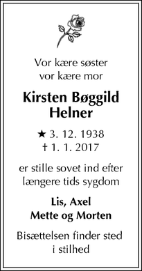 Dødsannoncen for Kirsten Bøggild Helner - Lyngby