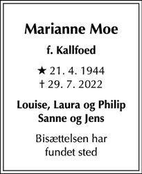 Dødsannoncen for Marianne Moe - Maribo