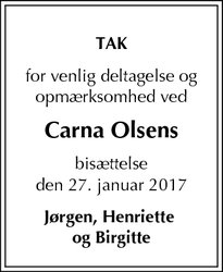 Dødsannoncen for Carna Olsens - Holbæk