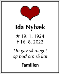 Dødsannoncen for Ida Nybæk - København