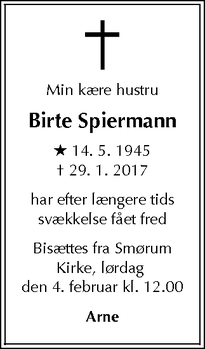 Dødsannoncen for Birte Spiermann - Smørum