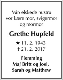 Dødsannoncen for Grethe Hupfeld - Dronningmølle