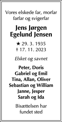 Dødsannoncen for Jens Jørgen
Egelund Jensen - Hellerup