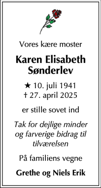 Dødsannoncen for Karen Elisabeth
Sønderlev - Viby
