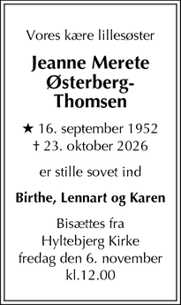 Dødsannoncen for Jeanne Merete
&Oslash;sterberg-Thomsen - Vanløse