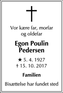 Dødsannoncen for Egon Poulin Pedersen - København, Danmark