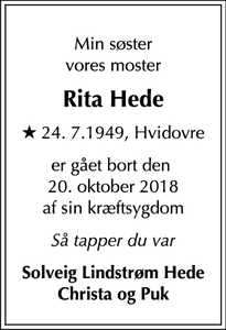 Dødsannoncen for Rita Hede - Karrebæksminde