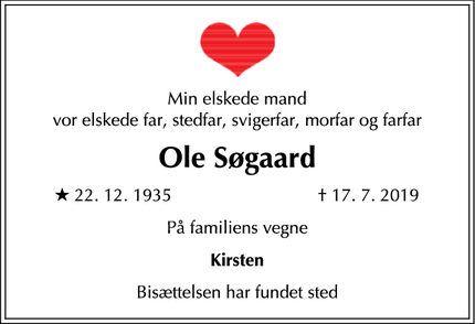 Dødsannoncen for Ole Søgaard - Nærum