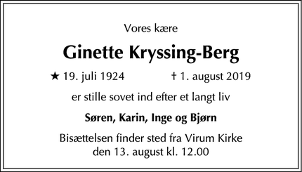Dødsannoncen for Ginette Kryssing-Berg - Virum
