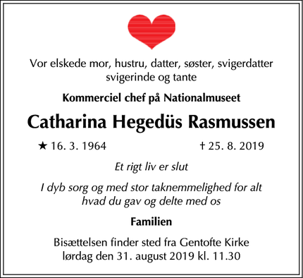 Dødsannoncen for Catharina Hegedüs Rasmussen  - Gentofte