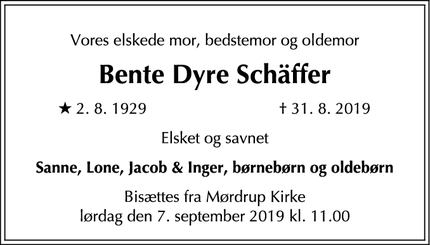 Dødsannoncen for Bente Dyre Schäffer - Espergærde