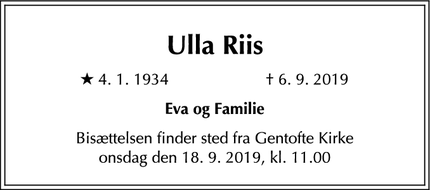 Dødsannoncen for Ulla Riis - Gentofte