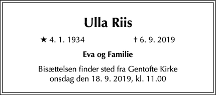 Dødsannoncen for Ulla Riis - Gentofte