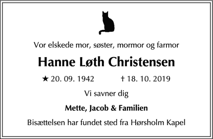 Dødsannoncen for Hanne Løth Christensen - Hørsholm