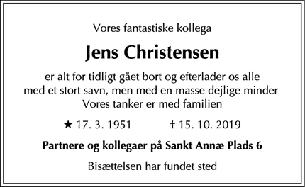 Dødsannoncen for Jens Christensen - København