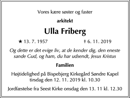 Dødsannoncen for Ulla Friberg - København