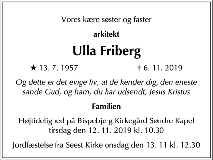 Dødsannoncen for Ulla Friberg - København