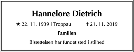 Dødsannoncen for Hannelore Dietrich - København K