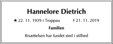 Dødsannoncen for Hannelore Dietrich - København K