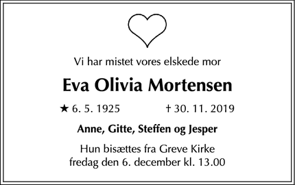 Dødsannoncen for Eva Olivia Mortensen - Kalundborg
