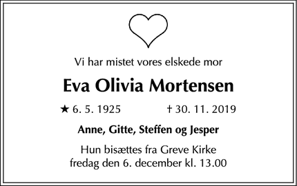 Dødsannoncen for Eva Olivia Mortensen - Kalundborg
