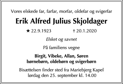 Dødsannoncen for Erik Alfred Julius Skjoldager - gentofte 