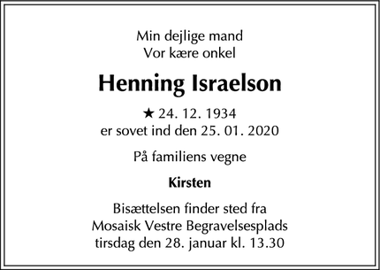 Dødsannoncen for Henning Israelson - København