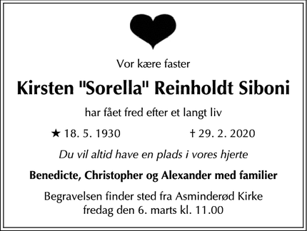 Dødsannoncen for Kirsten "Sorella" Reinholdt Siboni - Søborg