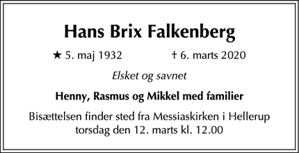 Dødsannoncen for Hans Brix Falkenberg - Hellerup