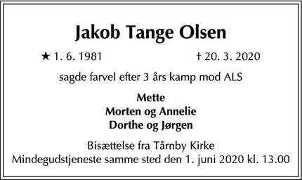 Dødsannoncen for Jakob Tange Olsen - København