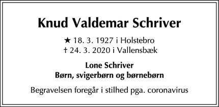 Dødsannoncen for Knud Valdemar Schriver - Valby