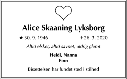 Dødsannoncen for Alice Skaaning Lyksborg - Roskilde