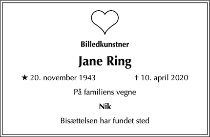 Dødsannoncen for Jane Ring - København