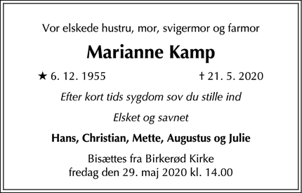 Dødsannoncen for Marianne Kamp - Gilleleje