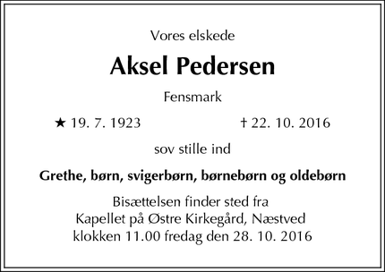 Dødsannoncen for Aksel Pedersen - Fensmark
