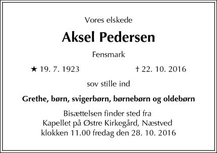 Dødsannoncen for Aksel Pedersen - Fensmark