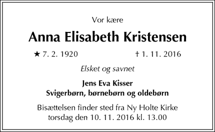 Dødsannoncen for Anna Elisabeth Kristensen - Holte