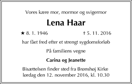 Dødsannoncen for Lena Haar - Ballerup