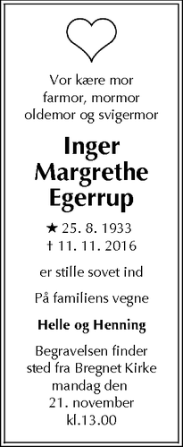 Dødsannoncen for Inger Margrethe Egerrup - Rønde
