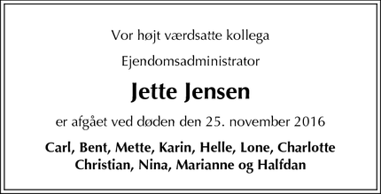 Dødsannoncen for Jette Jensen - København