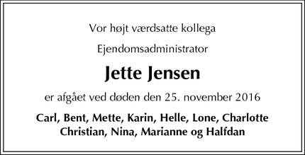 Dødsannoncen for Jette Jensen - København