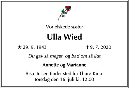 Dødsannoncen for Ulla Wied - Thurø