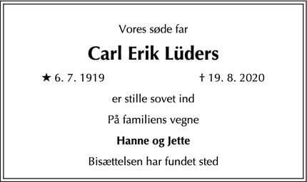 Dødsannoncen for Carl Erik Lüders - Gentofte