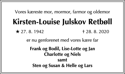 Dødsannoncen for Kirsten-Louise Julskov Retbøll - Frederiksberg