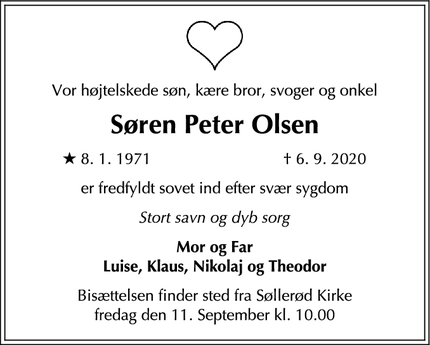 Dødsannoncen for Søren Peter Olsen - Holte