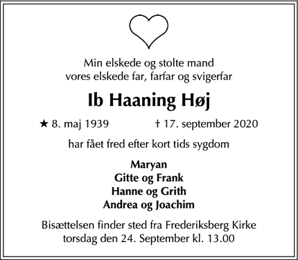 Dødsannoncen for Ib Haaning Høj - Frederiksberg