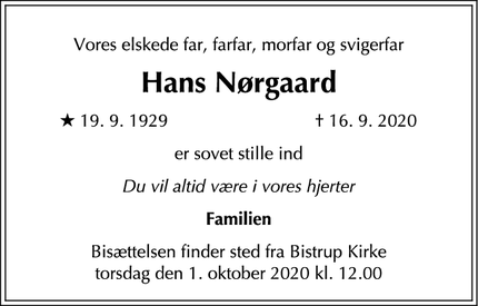 Dødsannoncen for Hans Nørgaard - Vejby