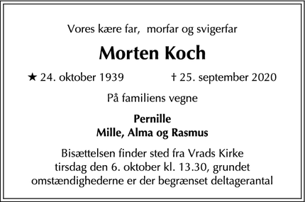 Dødsannoncen for Morten Koch  - Svendborg 