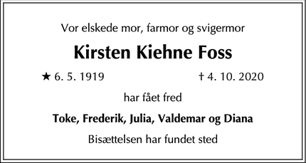 Dødsannoncen for Kirsten Kiehne Foss - Charlottenlund